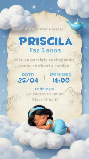Convite Aniversário Princesa Jasmine Fofa Editável