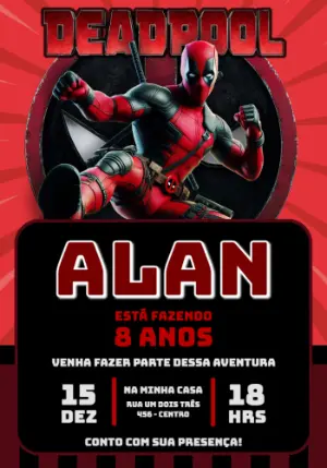 Convite Digital Editável Aniversário Infantil Tema Deadpool