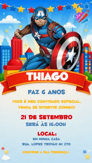 Convite de Aniversário Capitão América Pose de Ação Editável