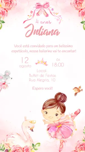 Convite Aniversário Bailarina Delicada para Editar Online