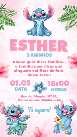 Convite de Aniversário Stitch Tropical Rosa para Editar Online