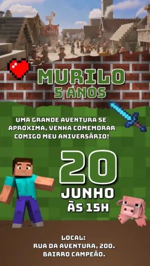 Convite Animado Aniversário Minecraft com Personagens para Editar