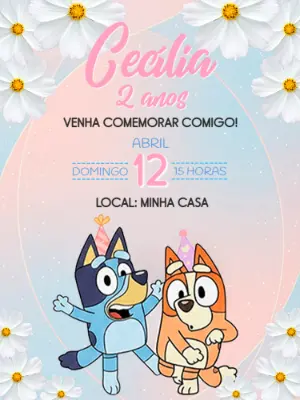 Convite Digital Bluey e Bingo com Flores para Editar