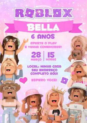 Convite de Aniversário Roblox Menina Rosa Glitter para Editar