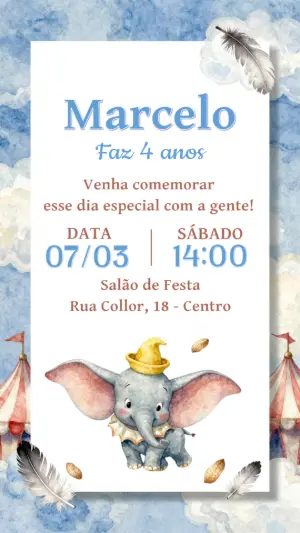 Convite de Aniversário Elefantinho Circo Aquarela Editável