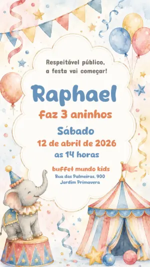 Convite de Aniversário Circo Aquarela para Editar