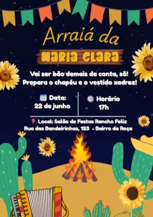 Convite Festa Junina Arraiá com Fogueira para Editar Online
