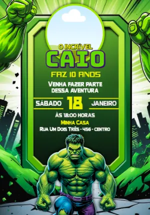 Convite de Aniversário Hulk com Foto Editável para Enviar