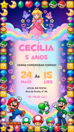 Convite de Aniversário Super Mario e Peach Editável e Colorido