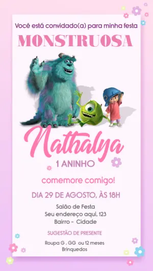 Convite Aniversário Monstros SA Rosa para Editar Online