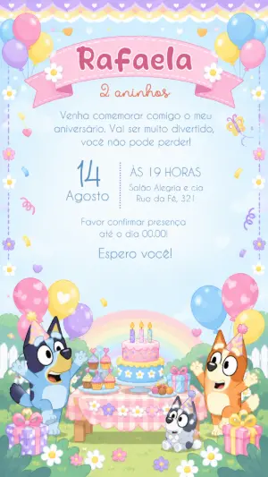 Convite de Aniversário Bluey e Bingo Editável Online