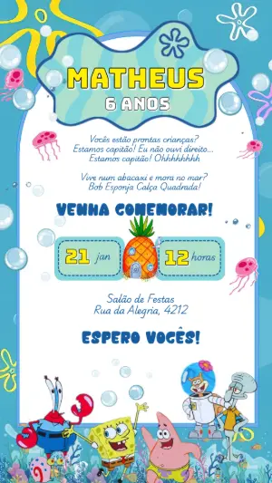 Convite Aniversário Bob Esponja com Personagens para Editar