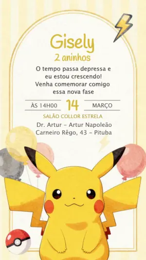 Convite Digital de Aniversário Infantil Pikachu para Editar
