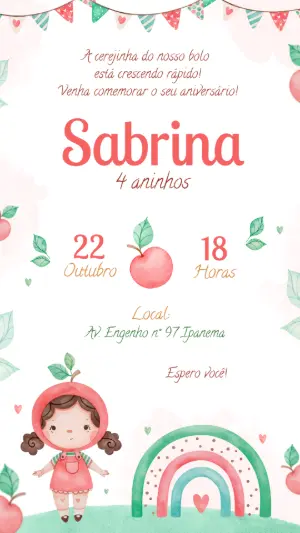 Convite Digital Aniversário Infantil Tema Cerejinha Editável