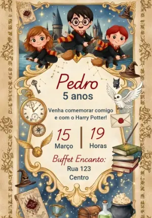 Convite de Aniversário Harry Potter Infantil para Editar