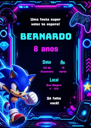 Convite de Aniversário Sonic Gamer Editável