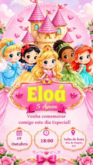 Convite de Aniversário Princesas Editável para Festa Infantil
