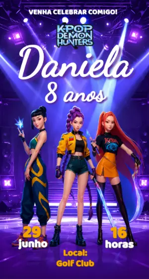 Convite de Aniversário Guerreiras K-pop Roxo para Editar