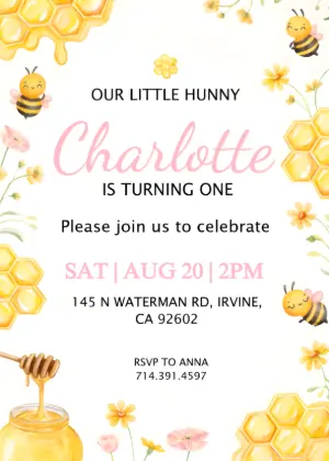 Cute Hunny Bee 1st Birthday Invitation | Editable Digital Template