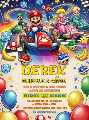 Invitación de Cumpleaños de Mario Kart para Editar | Modelo Digital