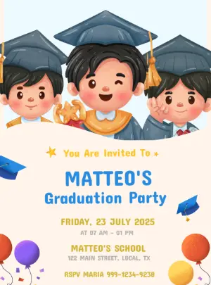 Kids Graduation Party Invitation with Cute Cartoon - Editable Template