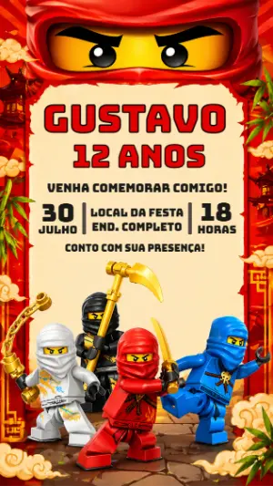 Convite de Aniversário Infantil Ninjas de Blocos para Editar