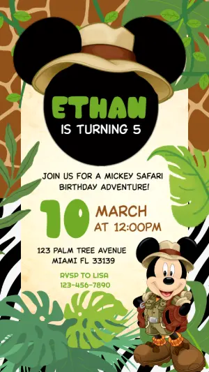 Mickey Safari Birthday Invitation | Editable Jungle Template