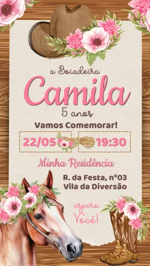 Convite Aniversário Boiadeira com Cavalo Floral Editável