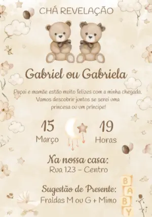 Convite Chá Revelação Ursinhos Nude Aquarela para Editar