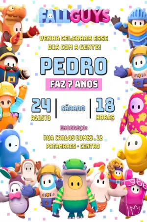 Convite de Aniversário Fall Guys com Personagens para Editar