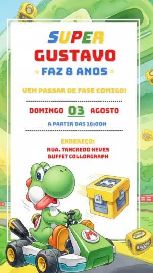 Convite de Aniversário Super Mario Kart com Yoshi para Editar Online