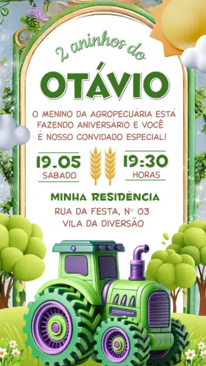 Convite de Aniversário Trator Fazenda Verde Editável