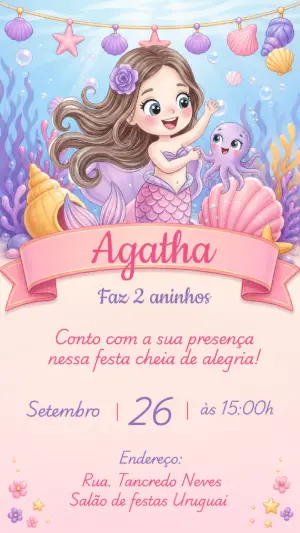 Convite de Aniversário Sereia Fofa para Editar