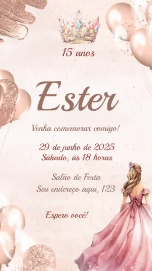 Convite de 15 Anos Princesa Rosé Gold Elegante para Editar