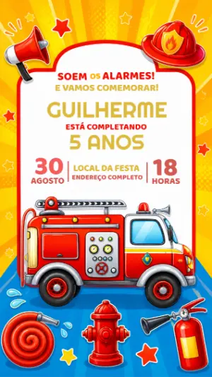 Convite de Aniversário Bombeiro Infantil para Editar