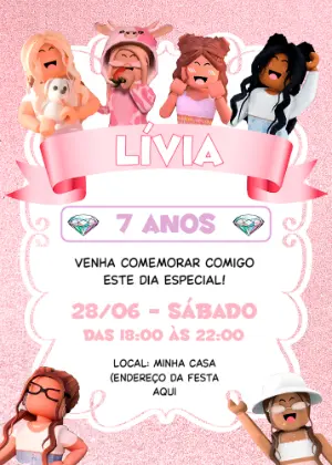 Convite Aniversário Roblox Menina Glitter Rosa para Editar