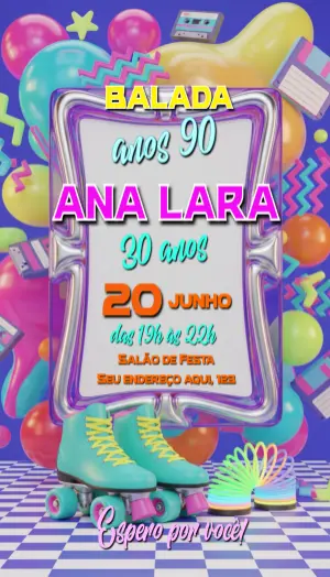 Convite de Aniversário Anos 90 Retrô Colorido para Editar