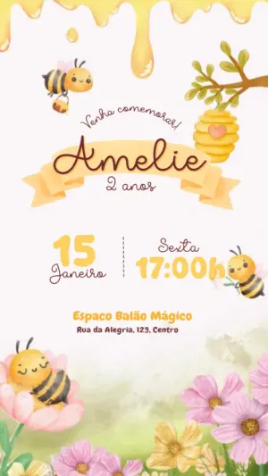 Convite Animado Aniversário Abelhinha Aquarela para Editar