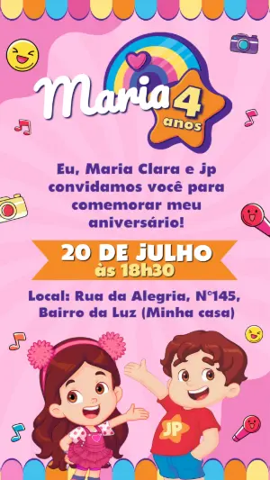 Convite de Aniversário Infantil Maria Clara e JP para Editar
