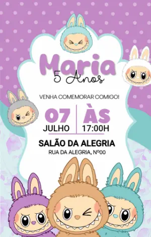 Convite de Aniversário Labubu com Monstrinhos para Editar Online