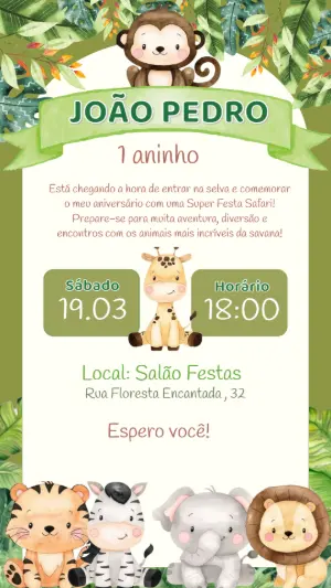 Convite Aniversário Safari com Animais Fofos para Editar Online