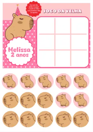 Jogo da Velha Capivara para Aniversário Infantil Editável