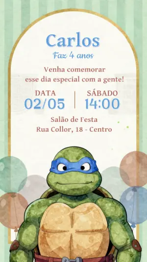Convite de Aniversário Tartarugas Ninja Estilo Aquarela Editável