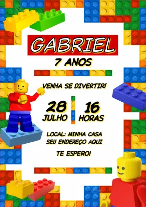 Convite Aniversário Lego com Blocos de Montar para Editar Online