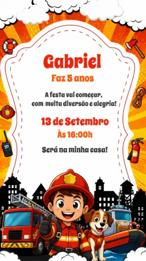 Convite de Aniversário Bombeiro Infantil | Modelo Editável