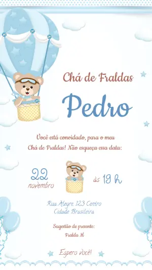 Convite Chá de Fraldas Ursinho Aviador Azul Editável