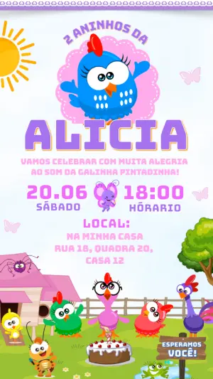 Convite de Aniversário Galinha Pintadinha Colorido para Editar