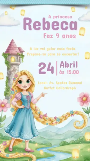 Convite de Aniversário Rapunzel Aquarela para Editar