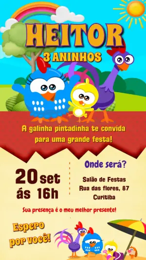 Convite de Aniversário Galinha Pintadinha para Editar Online
