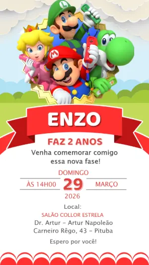 Convite Digital Festa Super Mario e Amigos Editável